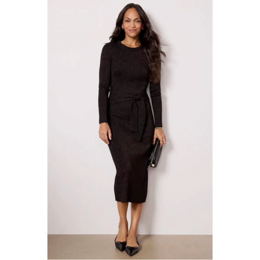 EVEREVE Alfie Long Sleeve Metallic Tie-Waist Sweater Midi Dress // XS